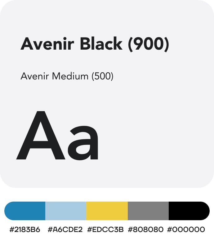 ShipMe design system: Avenir Black (900) and Avenir Medium (500) typography, and a five-color palette of turquoise #2183B6, light blue #A6CDE2, yellow #EDCC3B, grey #808080 and black #000000.