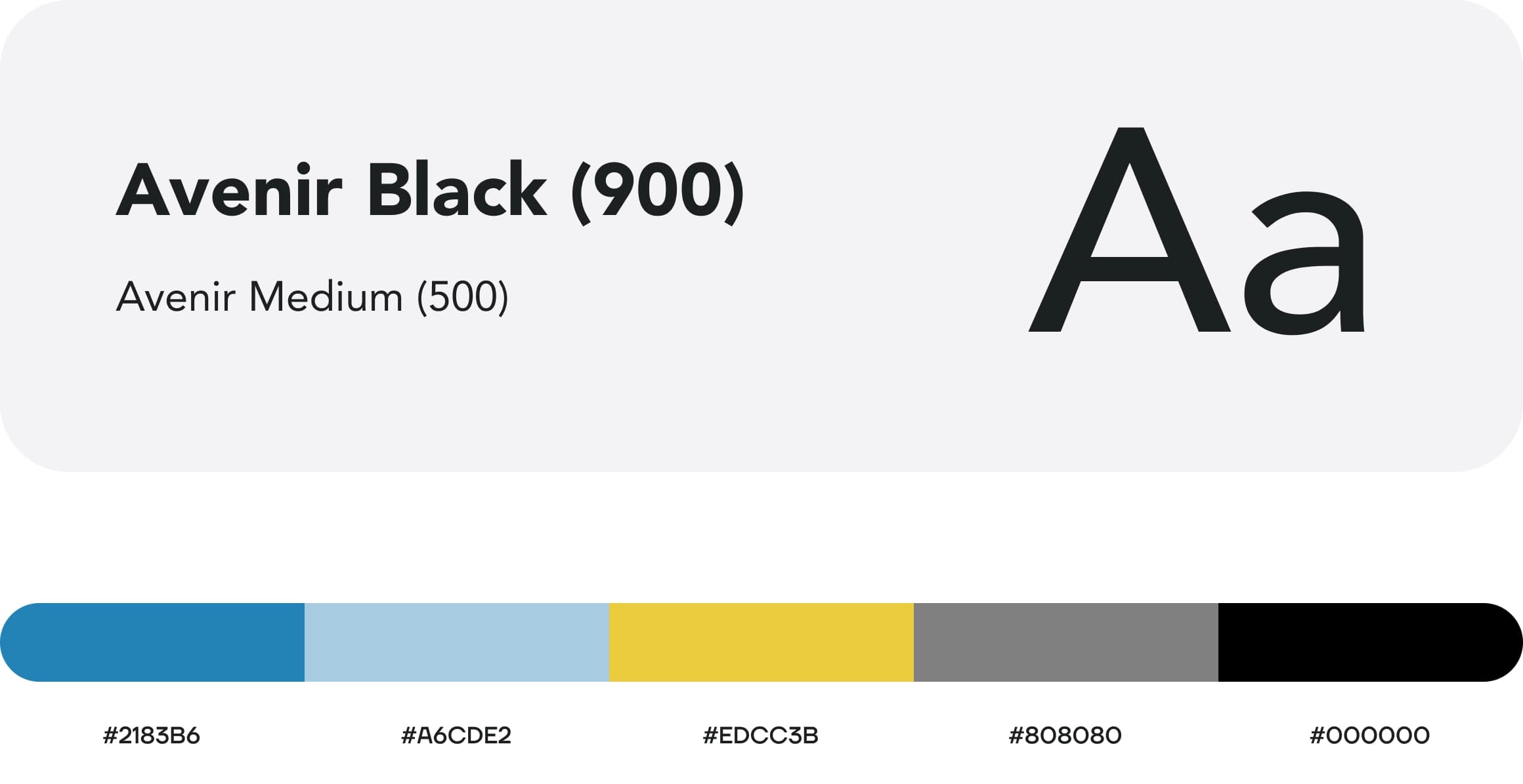 ShipMe design system: Avenir Black (900) and Avenir Medium (500) typography, and a five-color palette of turquoise #2183B6, light blue #A6CDE2, yellow #EDCC3B, grey #808080 and black #000000.