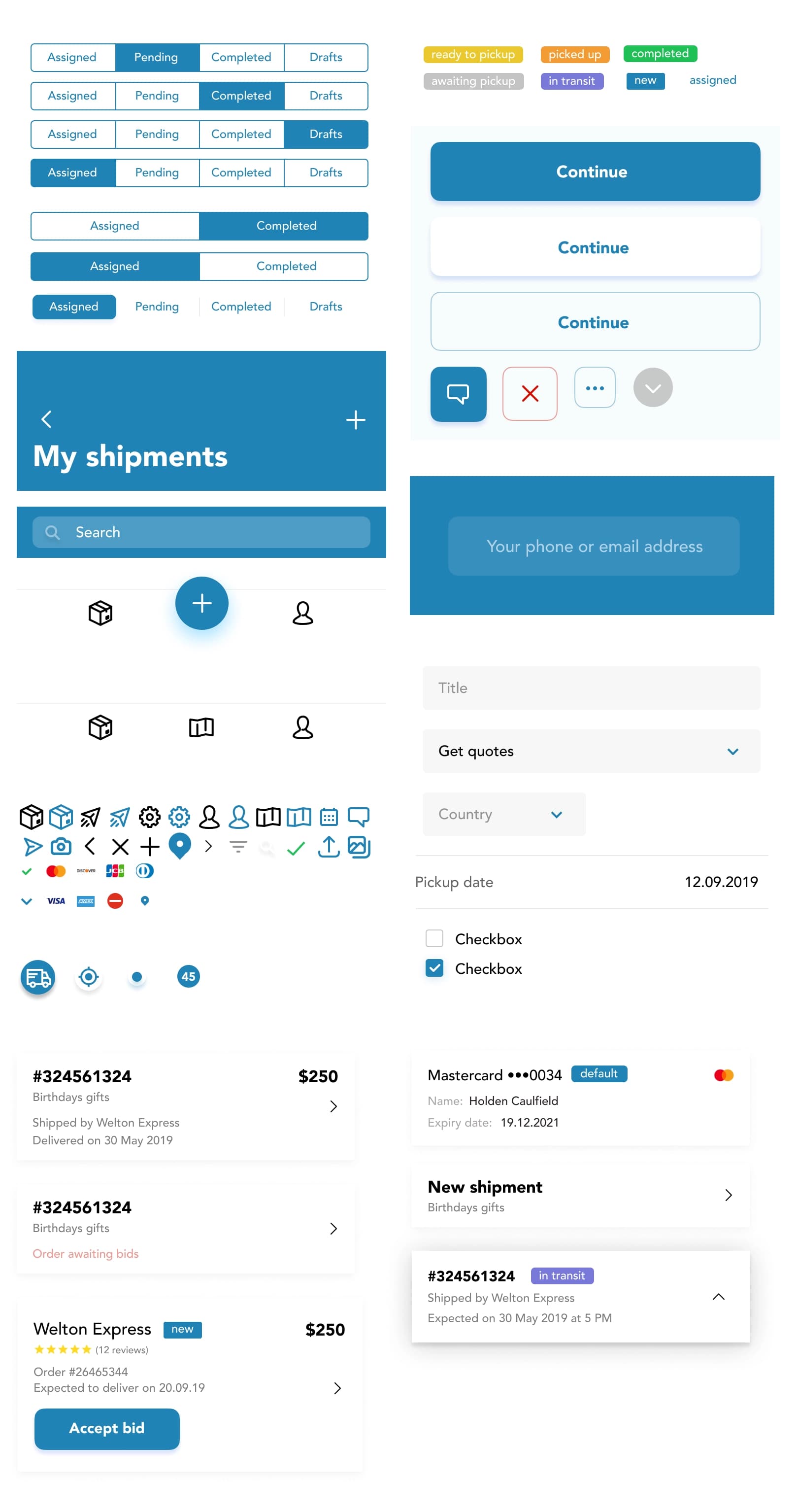 ShipMe UI kit with buttons, tabs, inputs, icons and shipment card components.