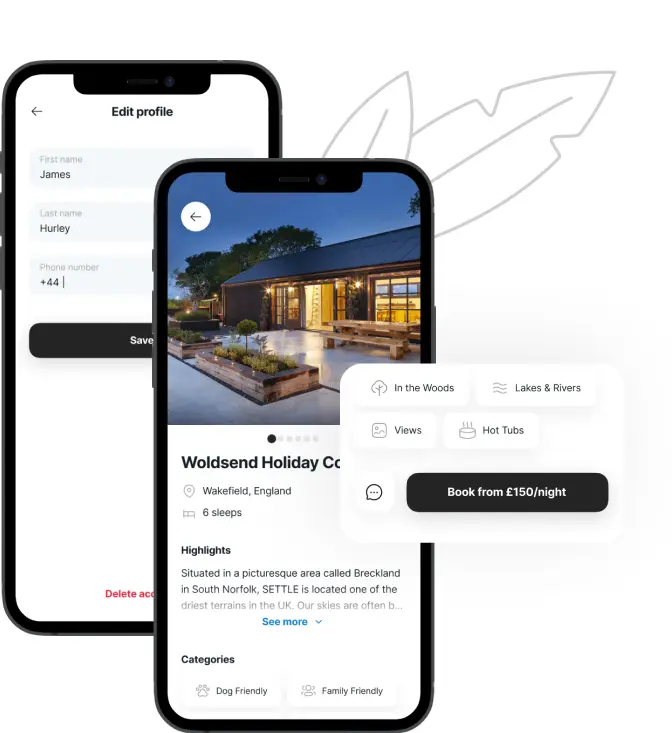 Mobile screens of the UK Retreats app showing edit profile and a holiday cottage listing.