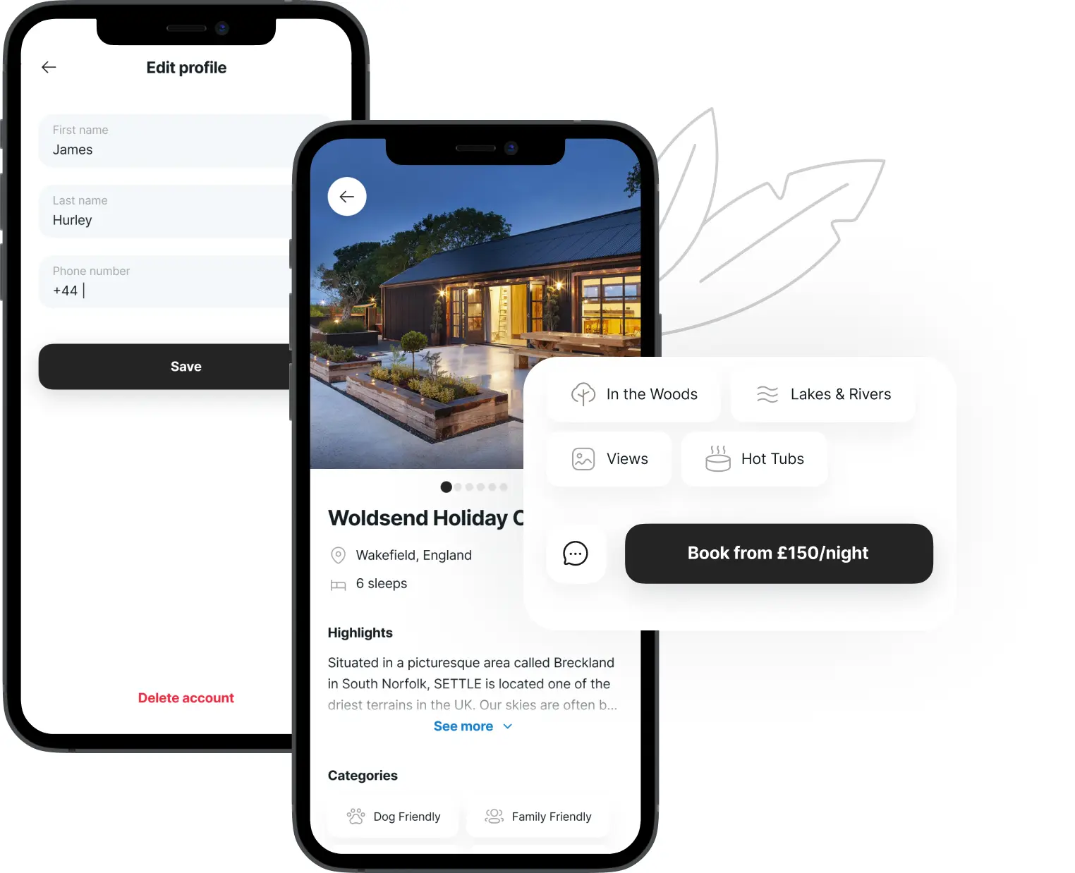 Mobile screens of the UK Retreats app showing edit profile and a holiday cottage listing.