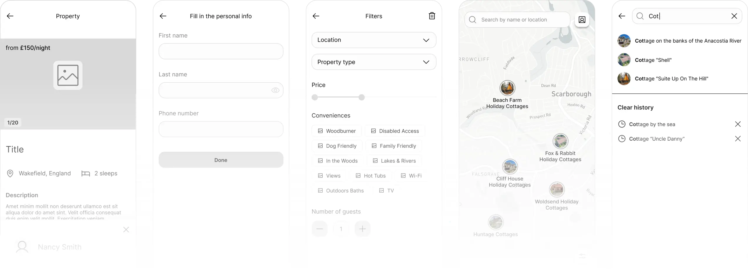 UI design mockups for the UK Retreats holiday rental booking app.