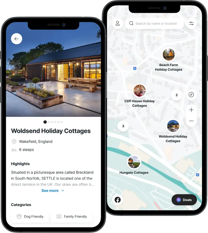 Two phones showing the UK Retreats app: the Woldsend Holiday Cottages listing and the map of stays.