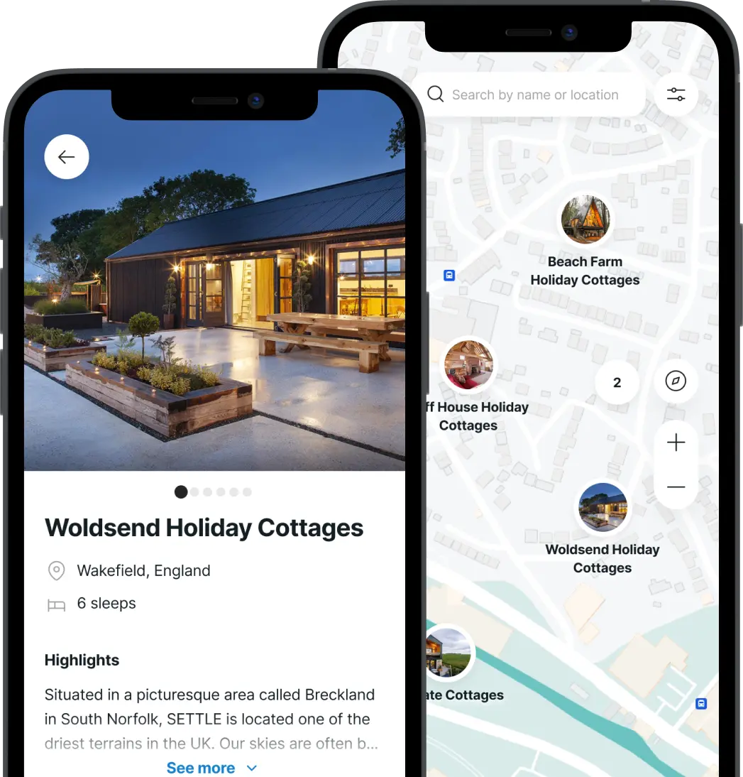 Two phones showing the UK Retreats app: the Woldsend Holiday Cottages listing and the map of stays.