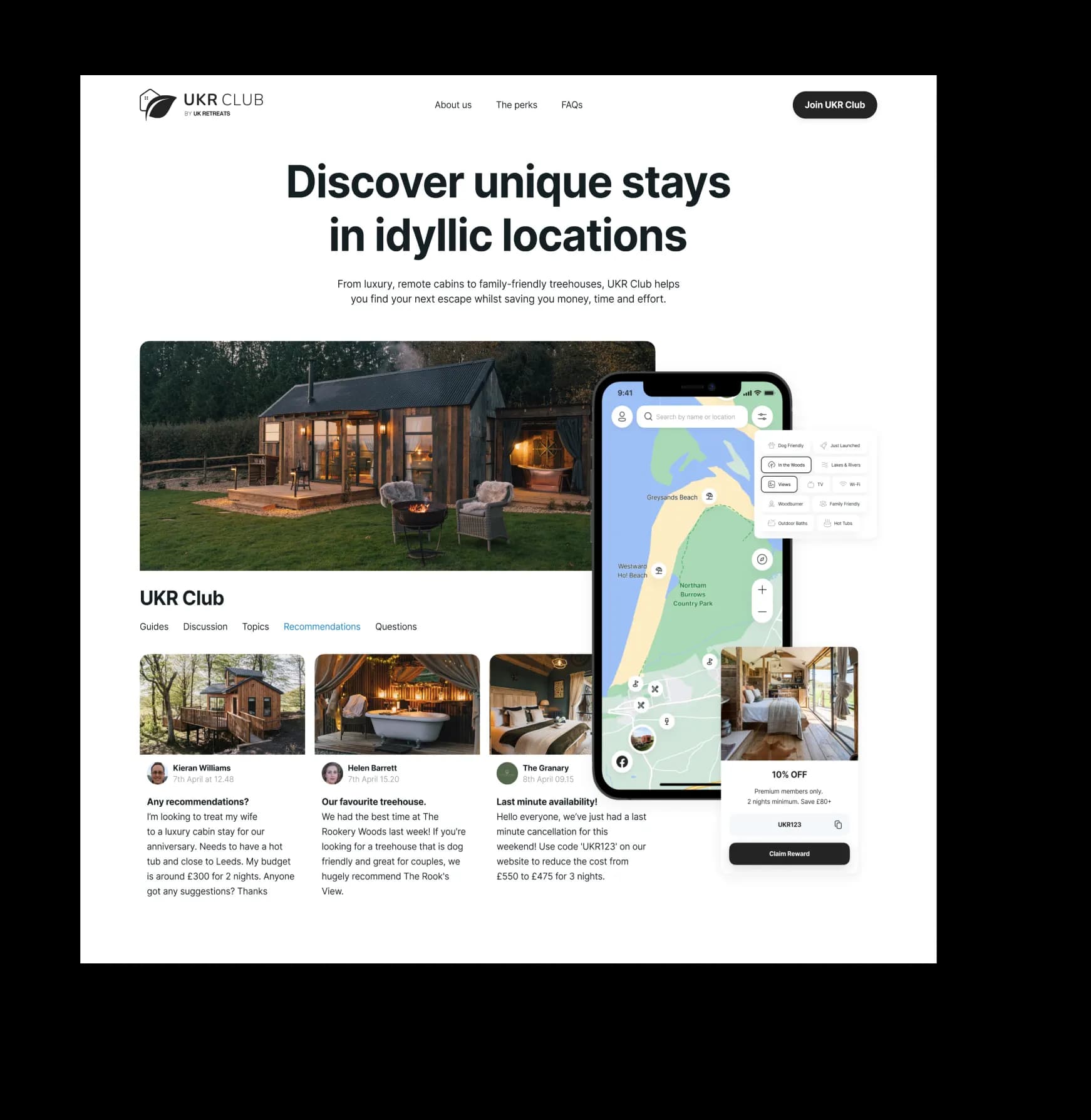 UKR Club website headlined discover unique stays, with a community feed, a phone map with filters and a 10% off card.