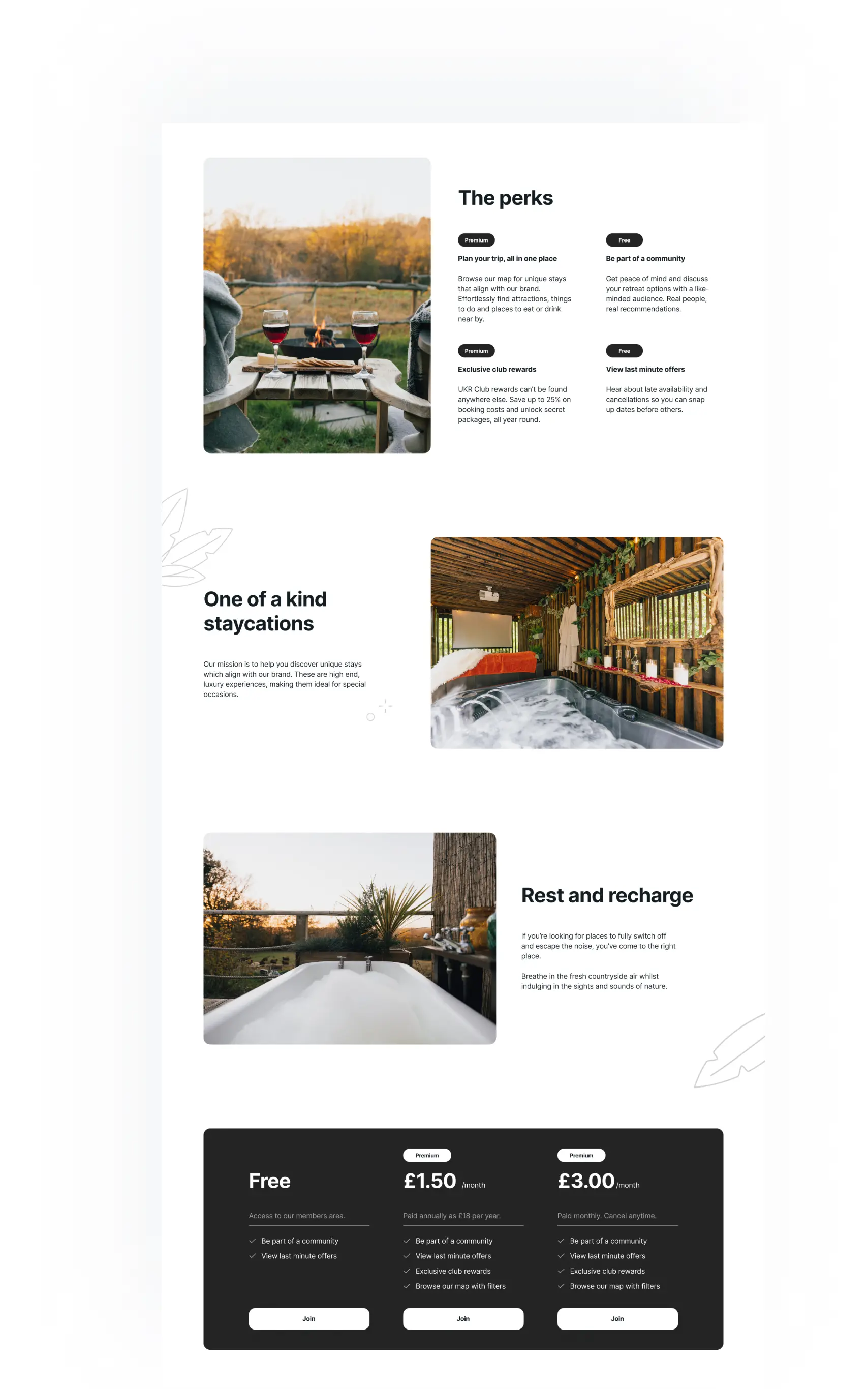 UKR Club landing page with membership perks, staycation sections and free, £1.50 and £3.00 per month plans.