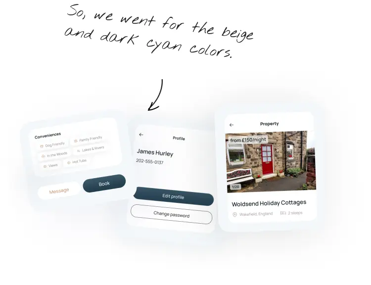 UK Retreats app screens for user profile and a holiday cottage property listing.