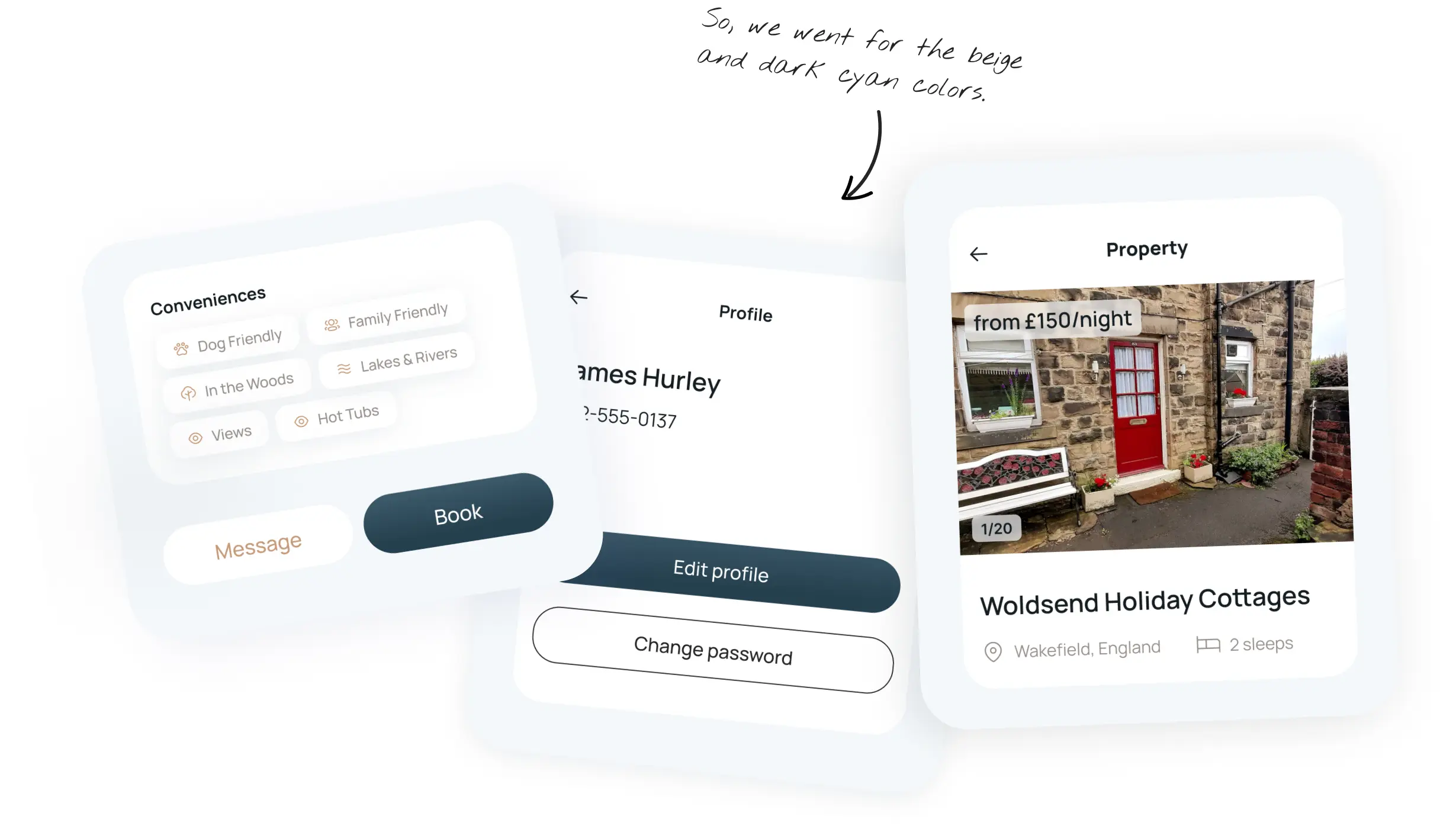 UK Retreats app screens for user profile and a holiday cottage property listing.