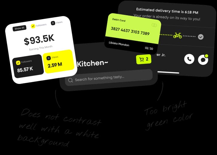 Negative design references from other apps, marked up as too bright green and poorly contrasting with a white background.
