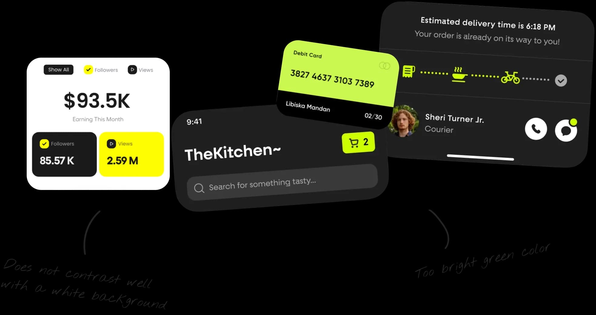 Negative design references from other apps, marked up as too bright green and poorly contrasting with a white background.