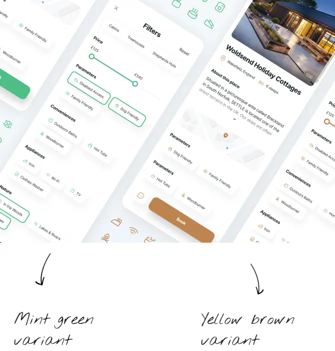 Annotated UI screen variants explored during UK Retreats app design.