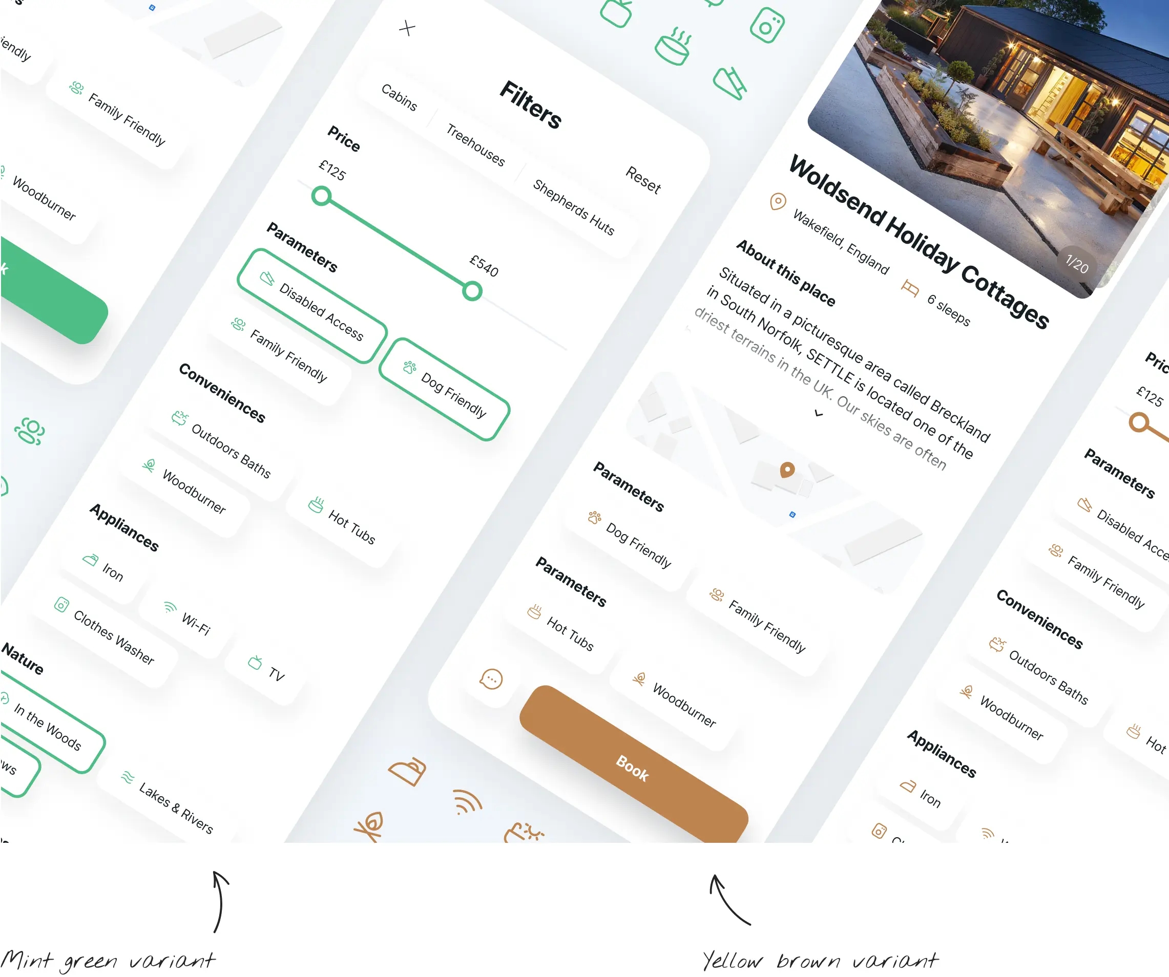 Annotated UI screen variants explored during UK Retreats app design.