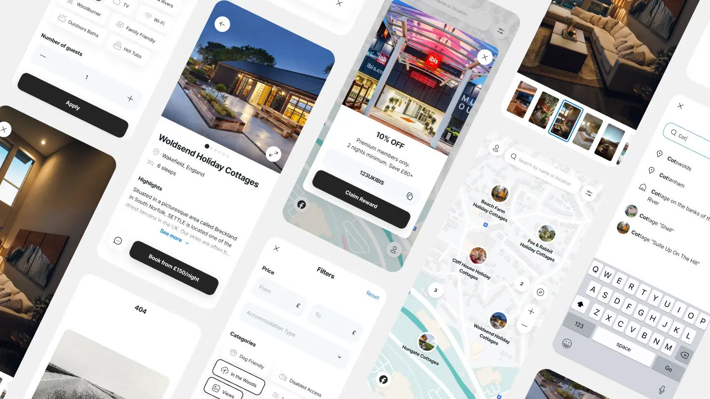 Collection of UK Retreats holiday rental app screens.