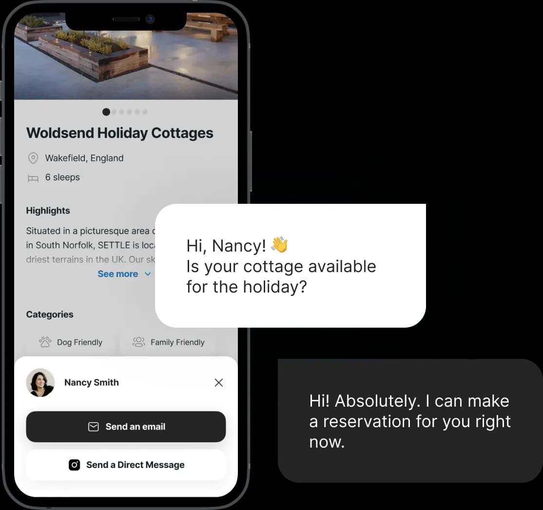 UK Retreats app property screen with options to email or direct message the cottage owner.