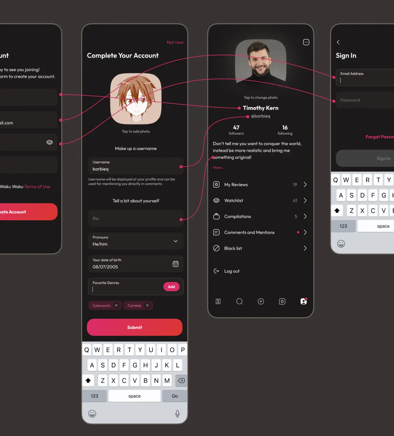 WakuWaku app sign-up and profile screens with lines linking user data fields.