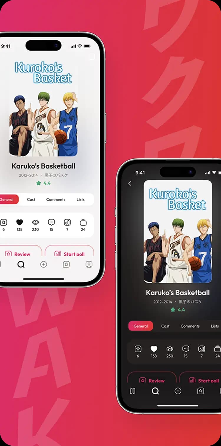 WakuWaku movie screen design concept shown in light and dark mode on two phones.