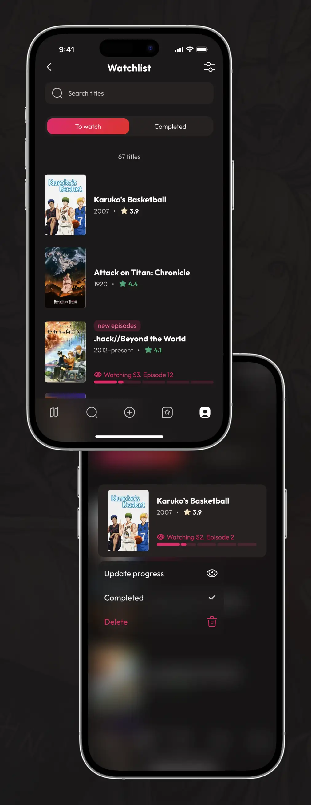 WakuWaku app watchlist screens with watching progress on mobile.