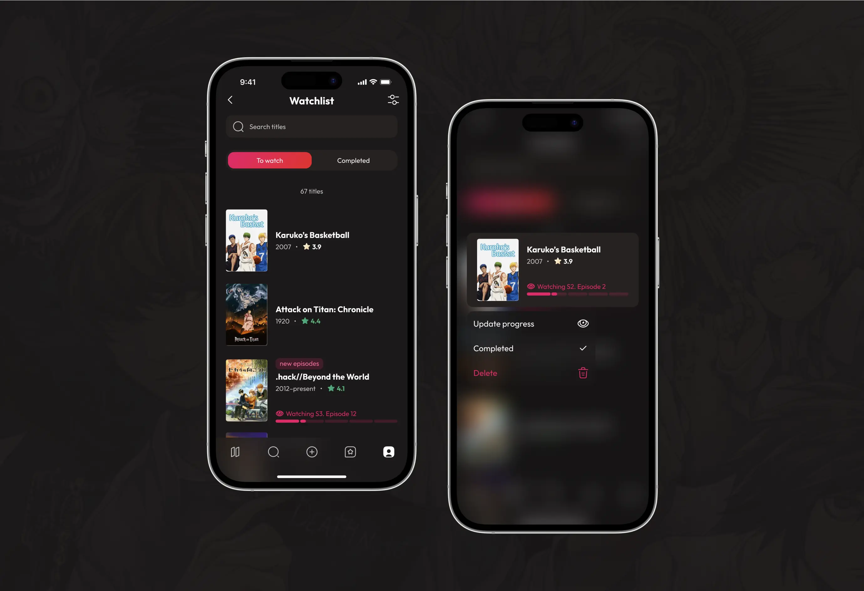 WakuWaku app watchlist screens with watching progress on mobile.