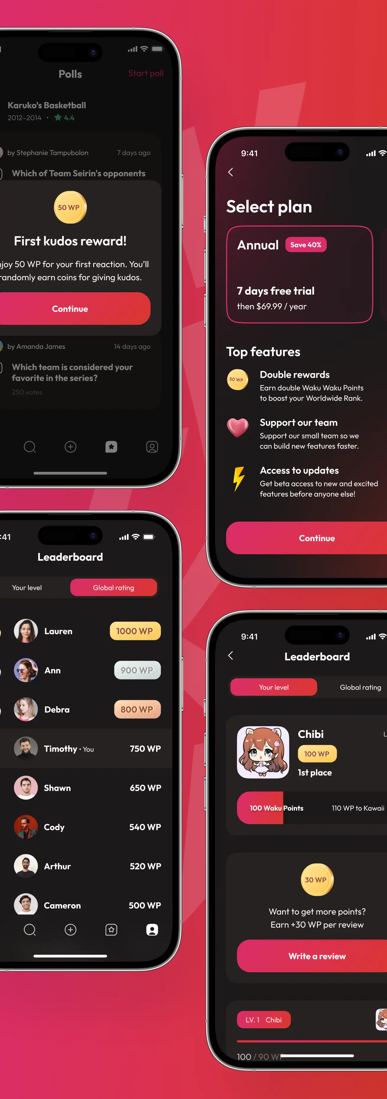 WakuWaku kudos reward, subscription plans, and leaderboard screens with Waku points.
