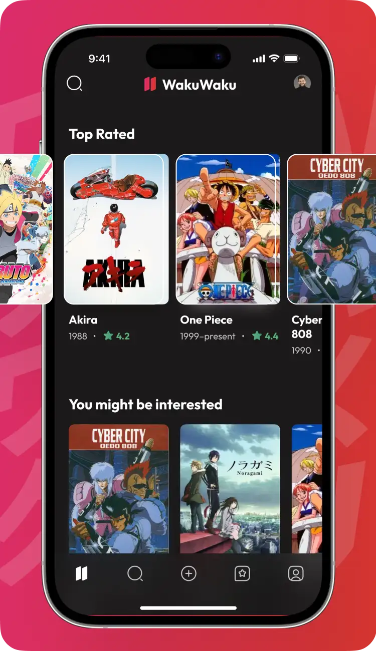 WakuWaku app top rated anime list on a mobile screen.