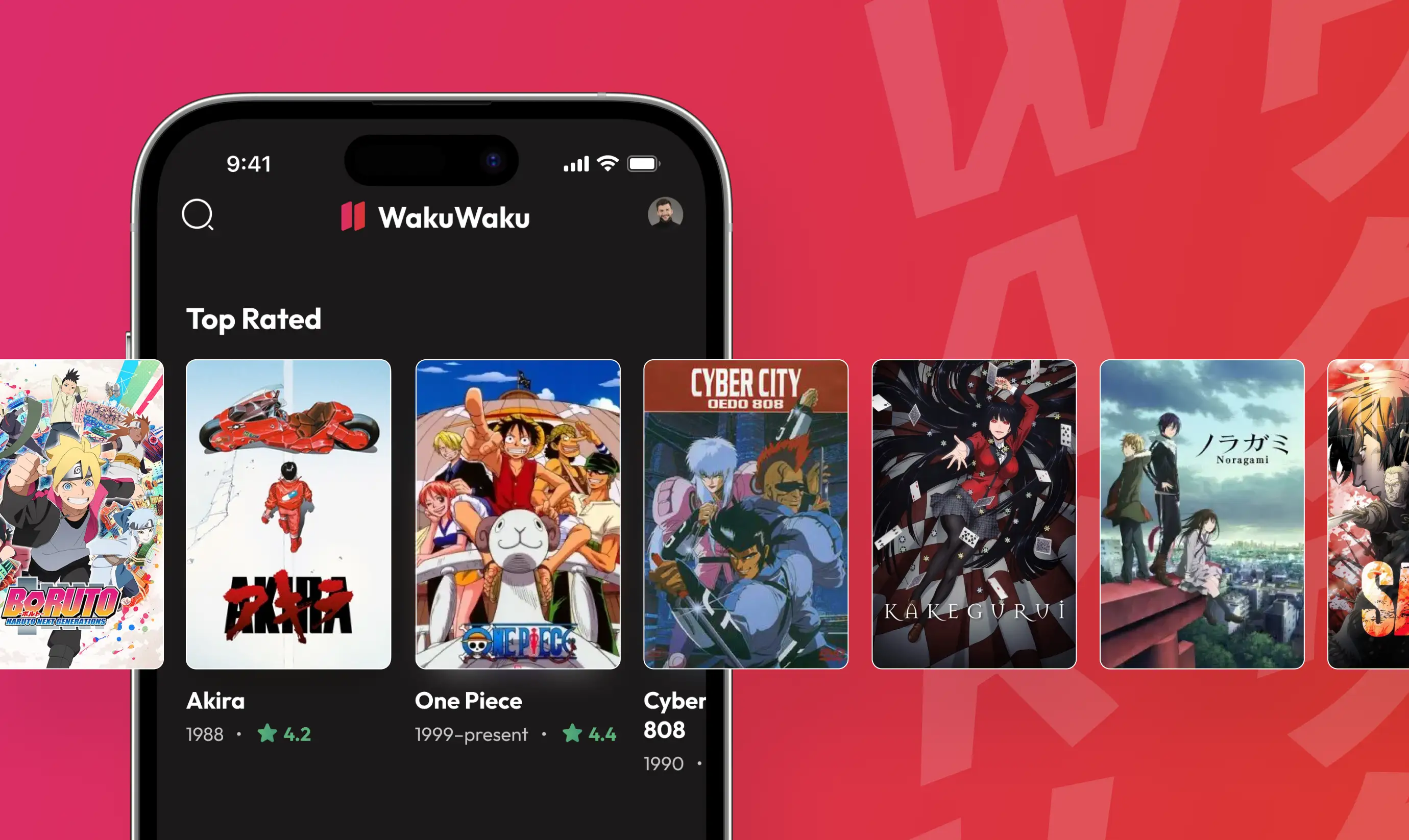 WakuWaku app top rated anime list on a mobile screen.