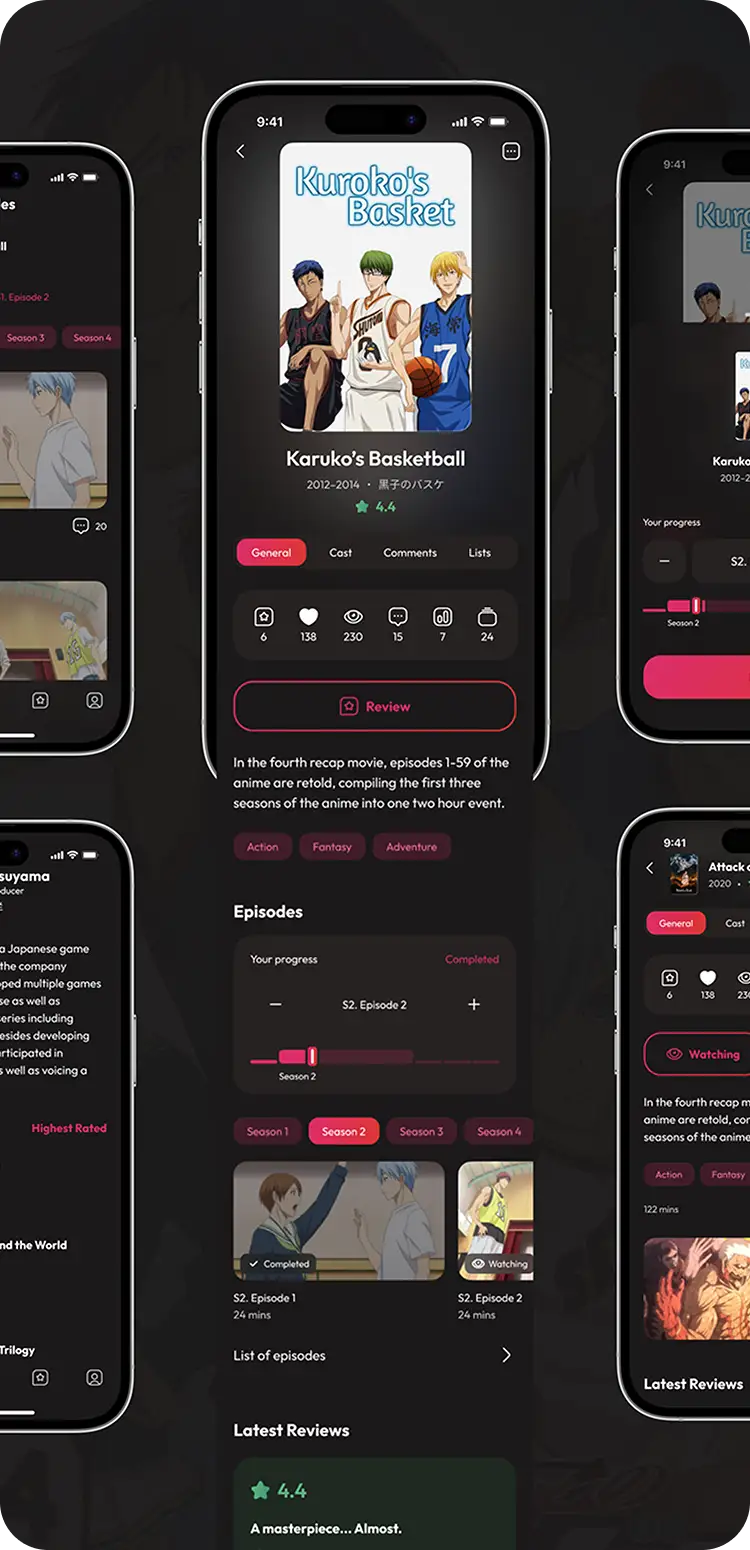 WakuWaku app movie detail, episodes, and cast screens on mobile.
