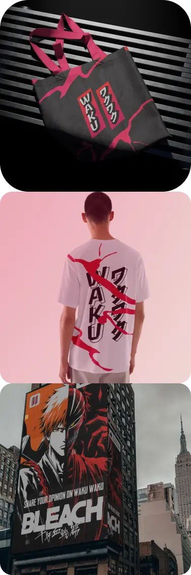 WakuWaku branded tote bag, T-shirt, and city billboard mockups.