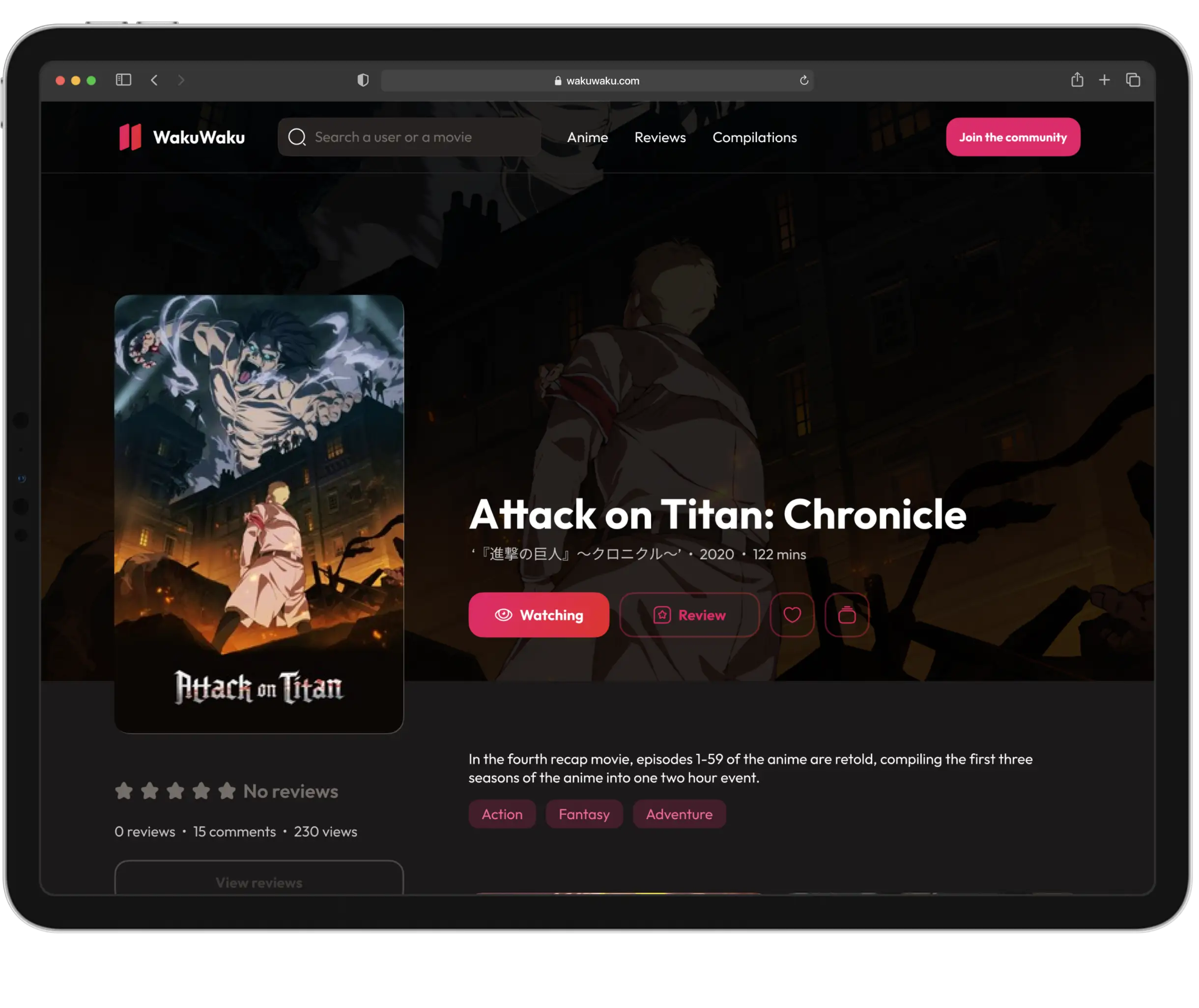 WakuWaku web app anime page open in a desktop browser.