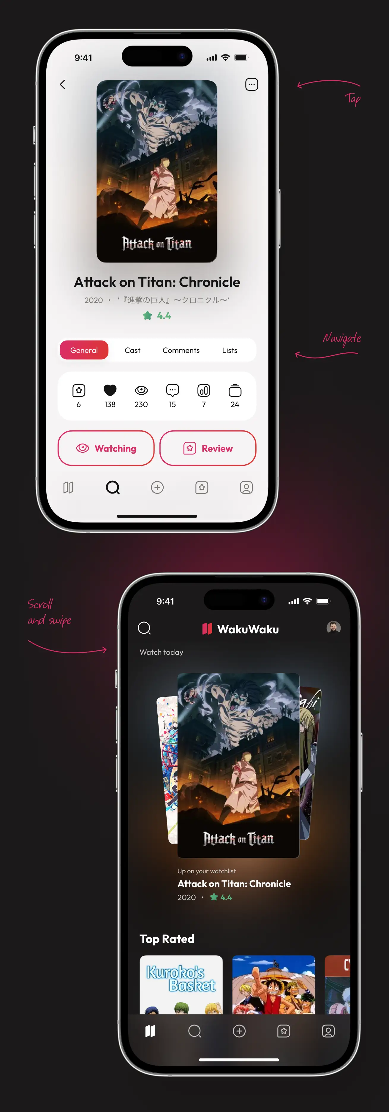 WakuWaku prototype screens annotated with scroll, swipe, tap, and navigate interactions.