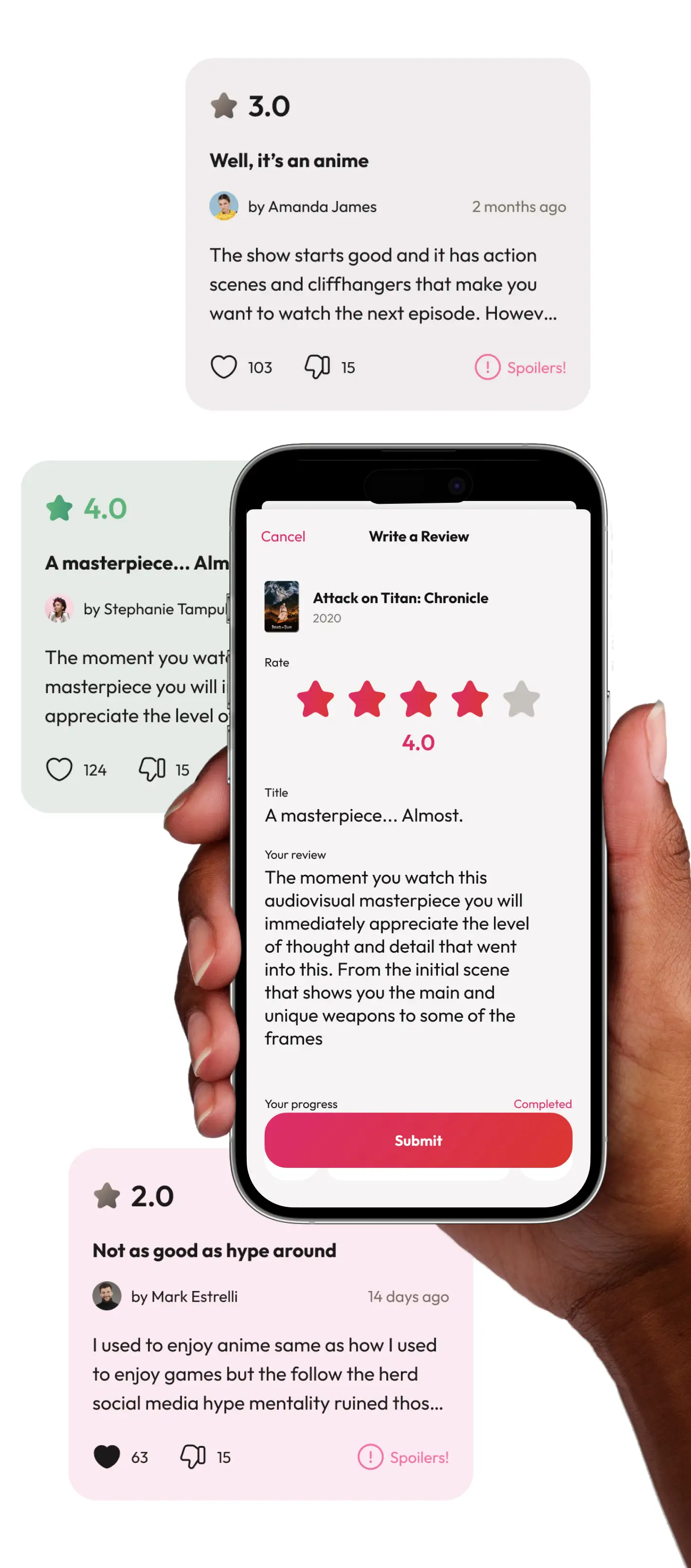 Hand holding a phone with the WakuWaku write-a-review screen, framed by green and pink review cards.
