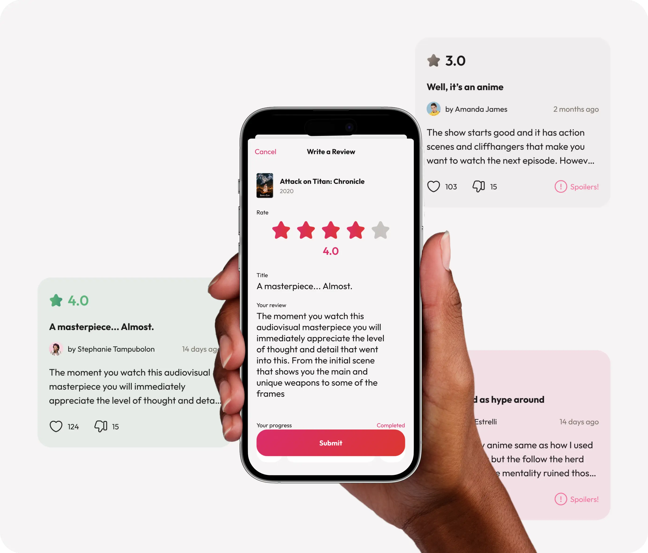 Hand holding a phone with the WakuWaku write-a-review screen, framed by green and pink review cards.