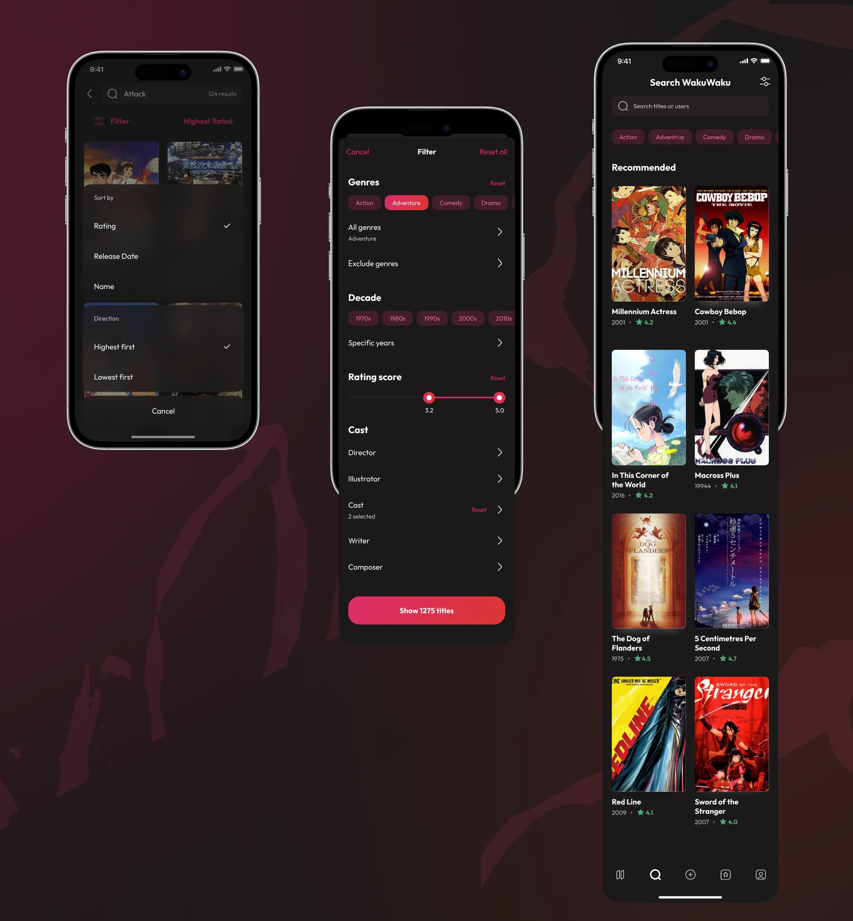 WakuWaku search flow: sorting, genre and rating filters, and recommended anime results.