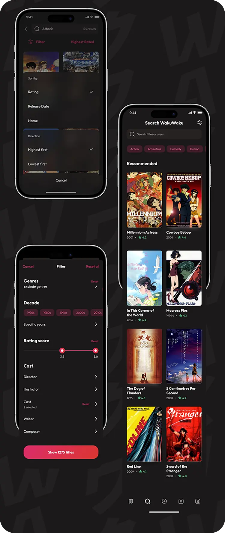 WakuWaku sort options, filter panel, and search results screens on mobile.