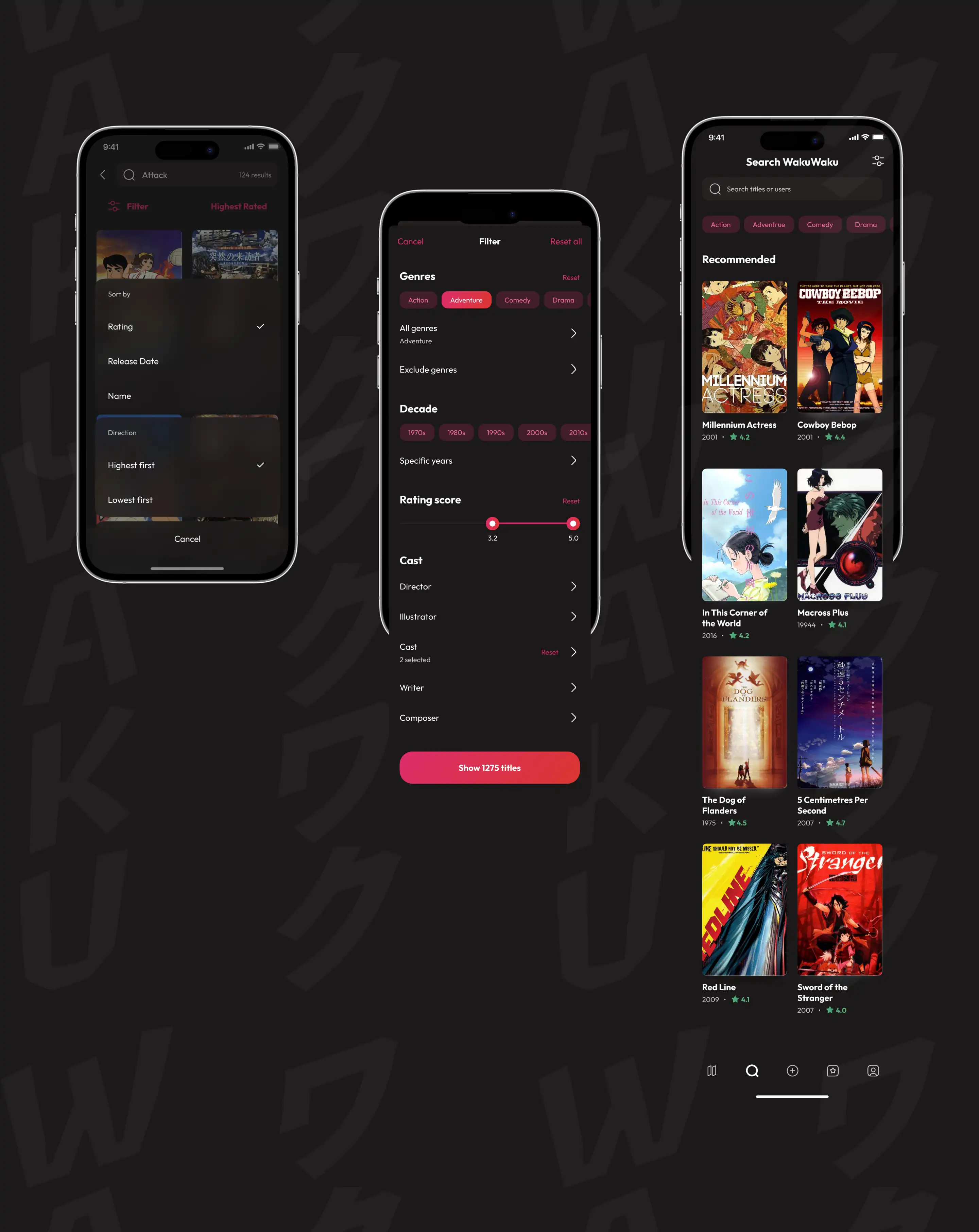 WakuWaku sort options, filter panel, and search results screens on mobile.