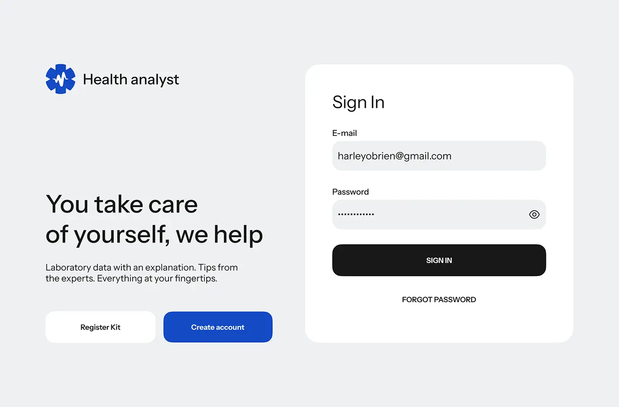 Sign-in screen of the health platform web app with email and password fields.