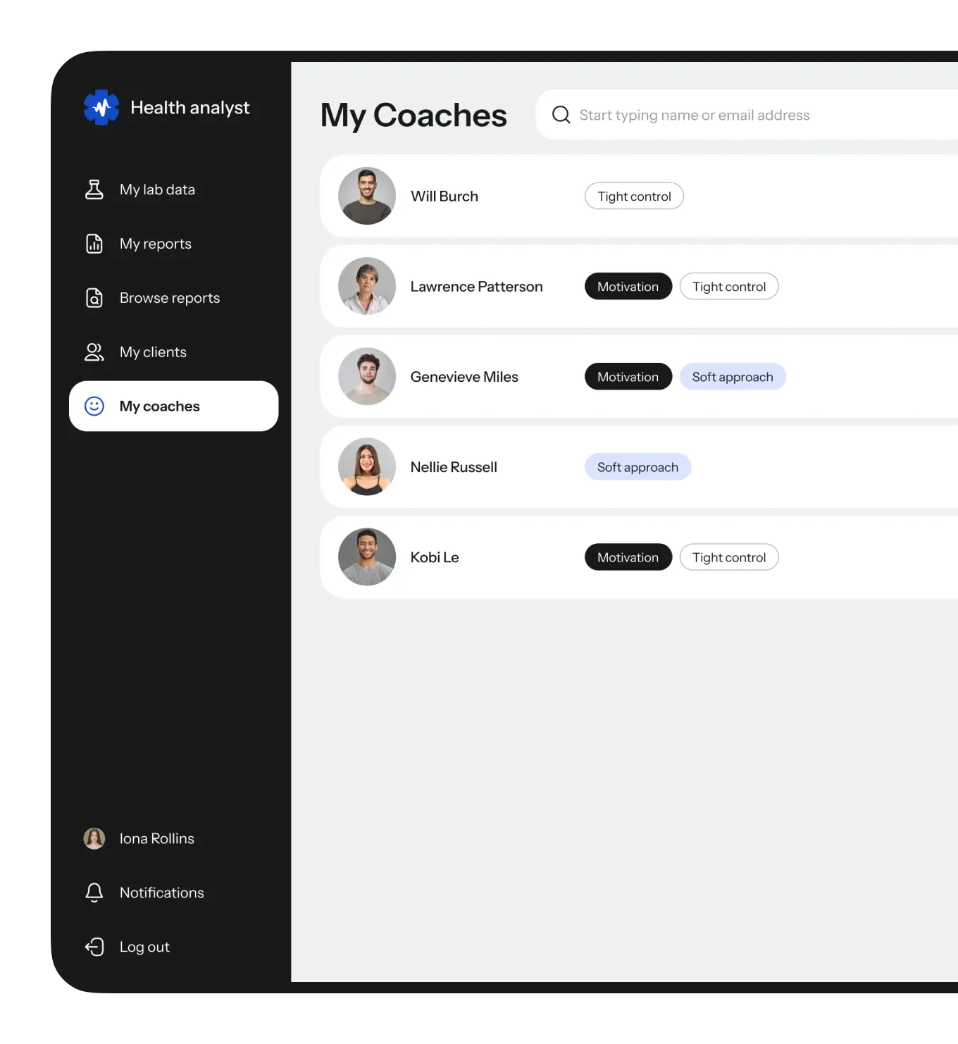 My Coaches screen listing connected health coaches with their coaching approach tags.