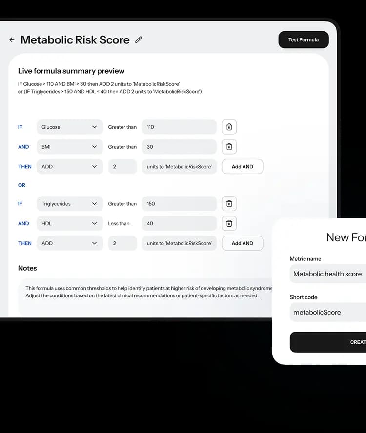 Admin formula builder for a Metabolic Risk Score with IF/AND/THEN conditions and a New Formula dialog.