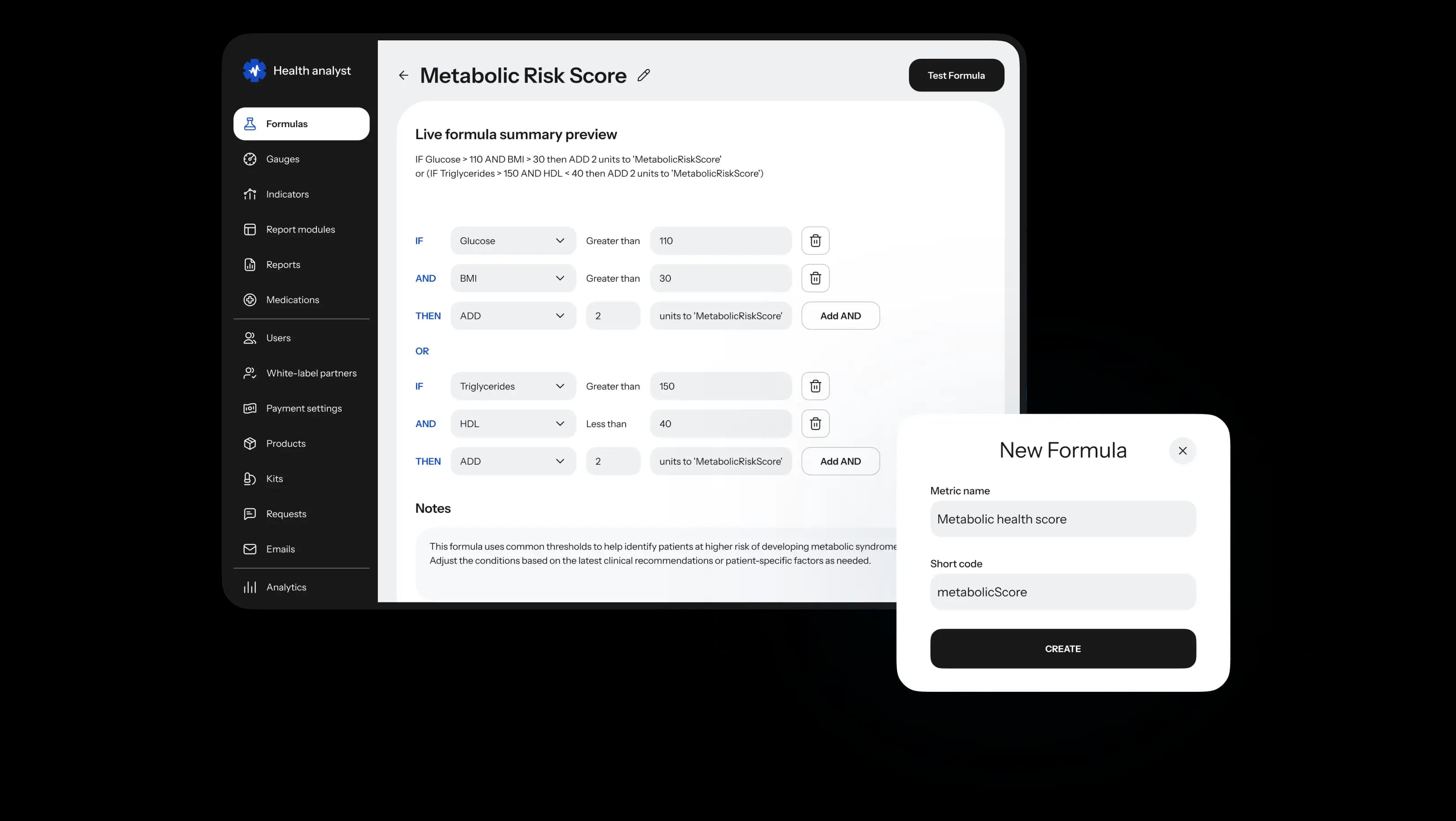 Admin formula builder for a Metabolic Risk Score with IF/AND/THEN conditions and a New Formula dialog.