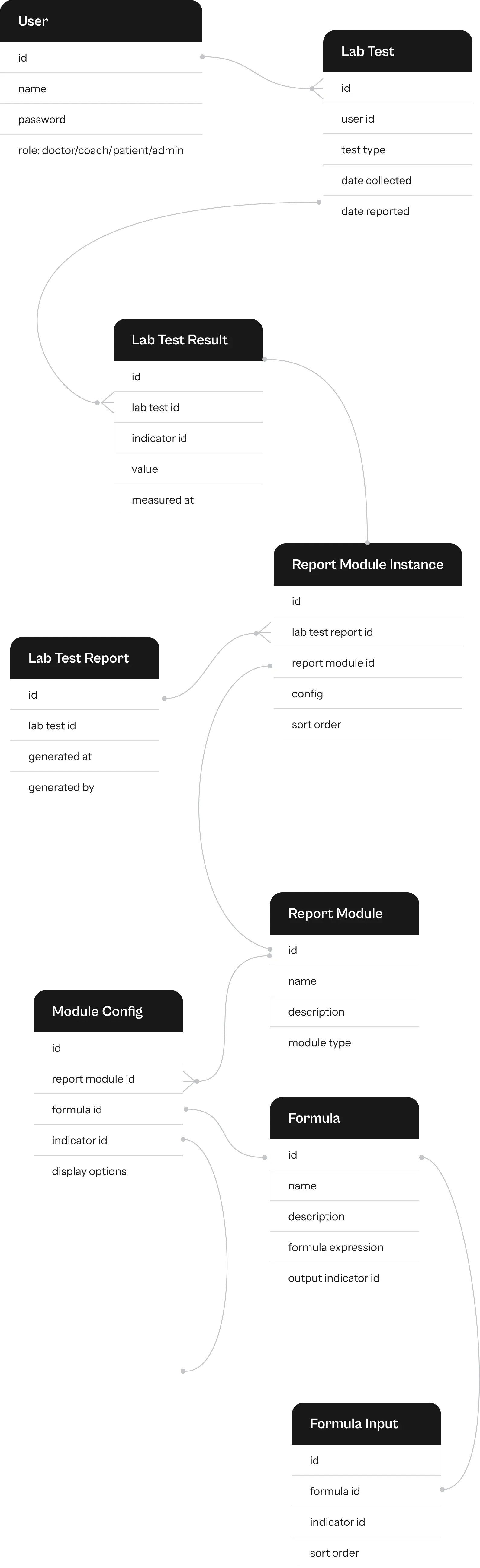 Data model: User, Lab Test, Result, Report, Report Module, Module Instance and Config, Formula, Formula Input, Indicator.