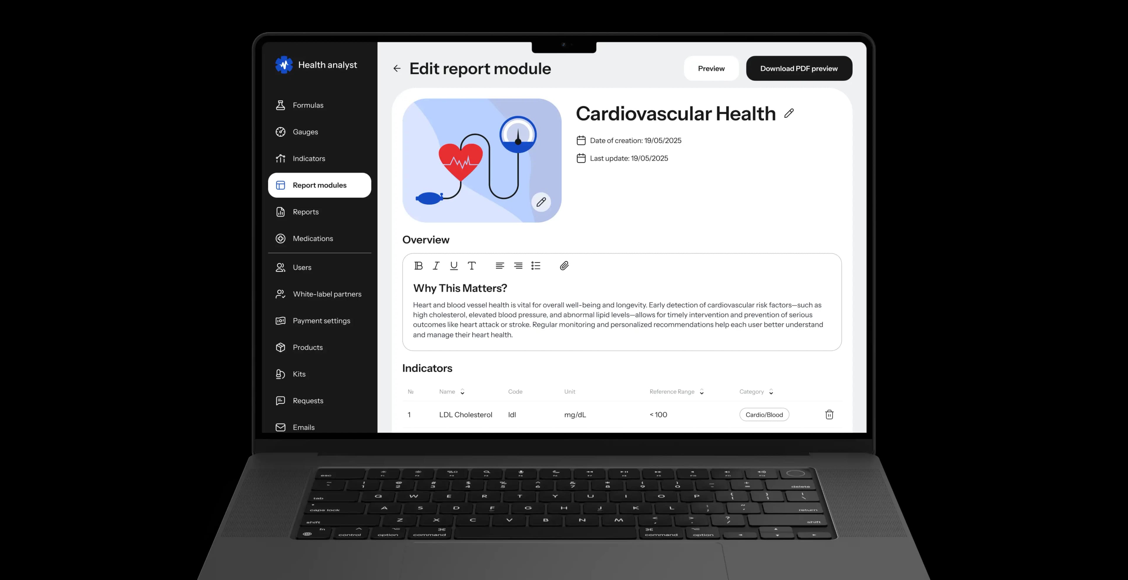 Laptop showing the edit-report-module screen for cardiovascular health.
