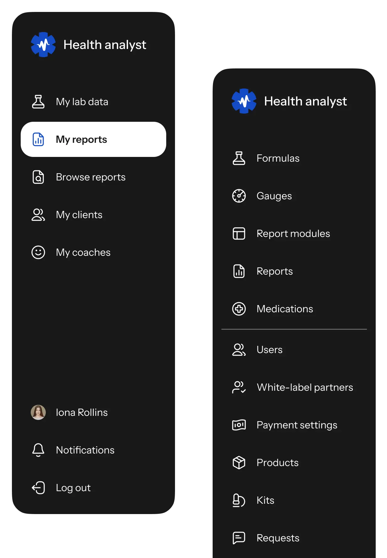 Two side menus: the user app with lab data and reports, and the admin panel with formulas and users.