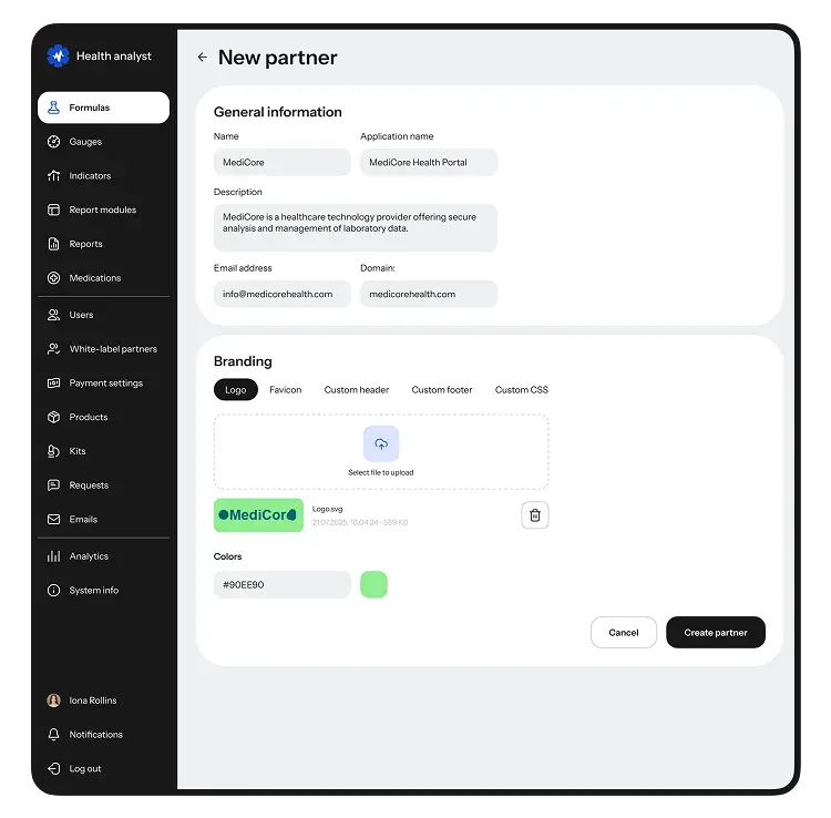 New-partner form with branding settings in the health platform admin.