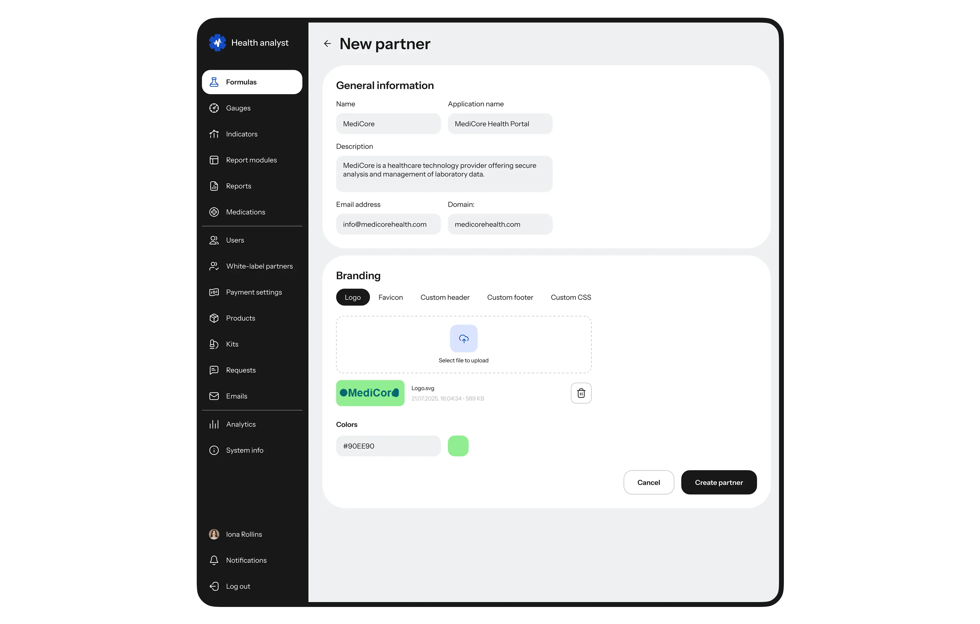 New-partner form with branding settings in the health platform admin.