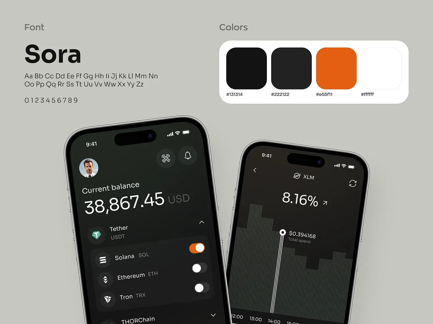 Dark Futuristic Crypto Wallet Design with Orange Accents and Frosted Glass Effect