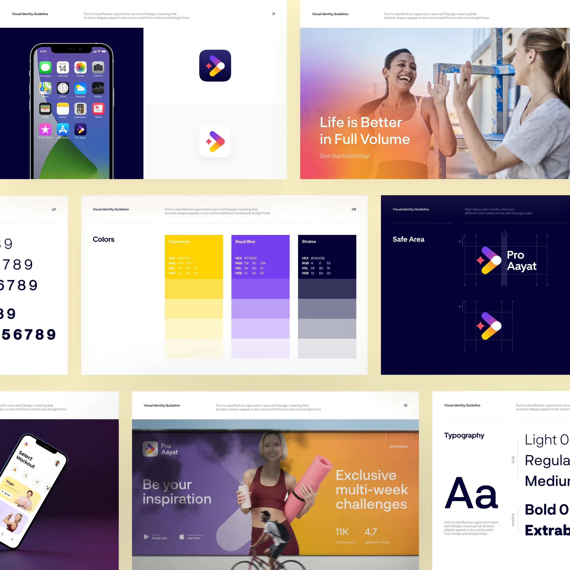 Brand identity guideline collage for the Pro Aayat app, showing its icon, color palette, and ad banners