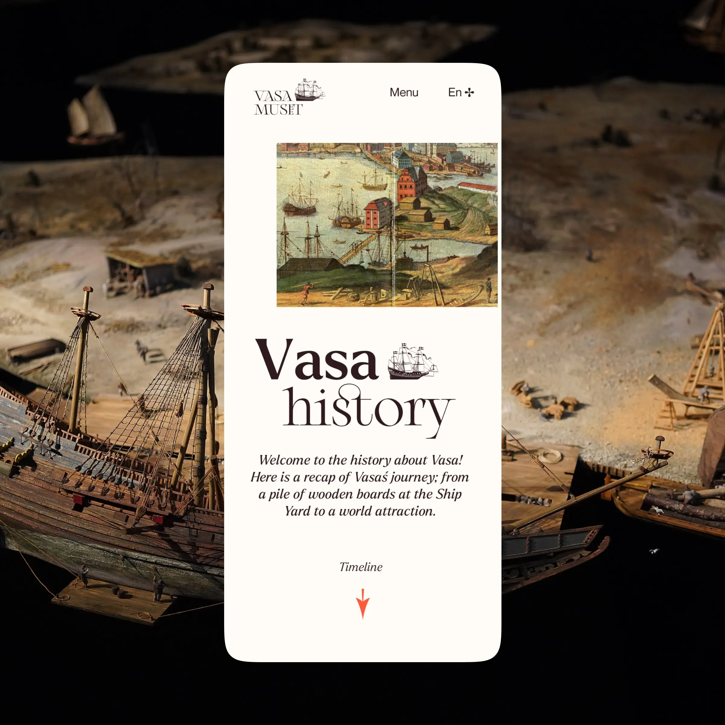 Vasa Museum mobile website homepage with a historic harbor illustration and a Vasa history heading