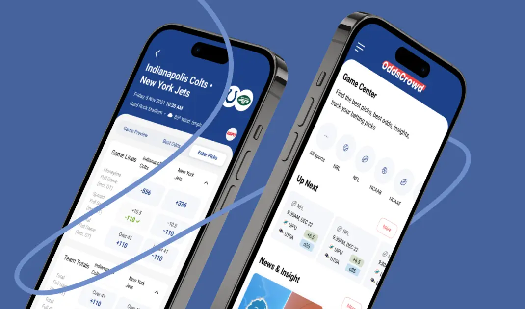 OddsCrowd sports community app on two iPhones