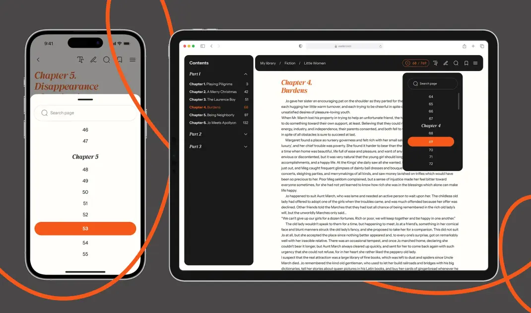 Digital reading app on an iPhone and tablet