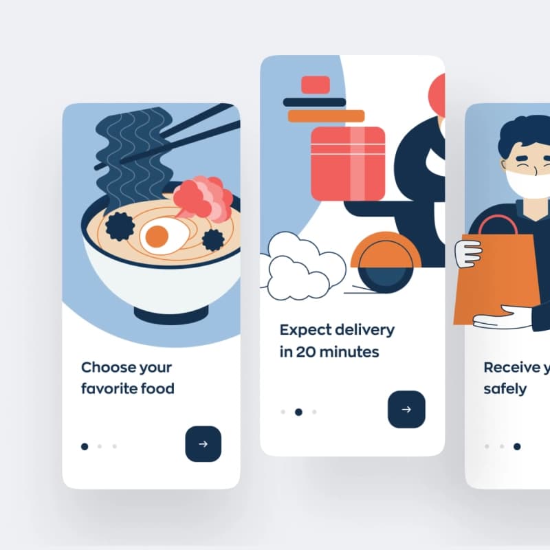 Food delivery app onboarding illustrations showing a bowl of noodles, delivery timing, and a safe handoff
