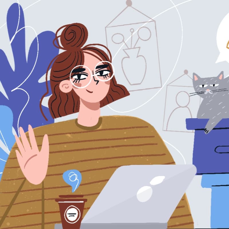 Blog illustration of a woman waving during a video call at her desk, with a cat and houseplant nearby